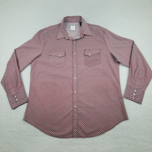 Wrangler Shirt Mens‎ XL Red White Geometric Pearl Snap Western Long Sleeve Rodeo - Picture 1 of 7
